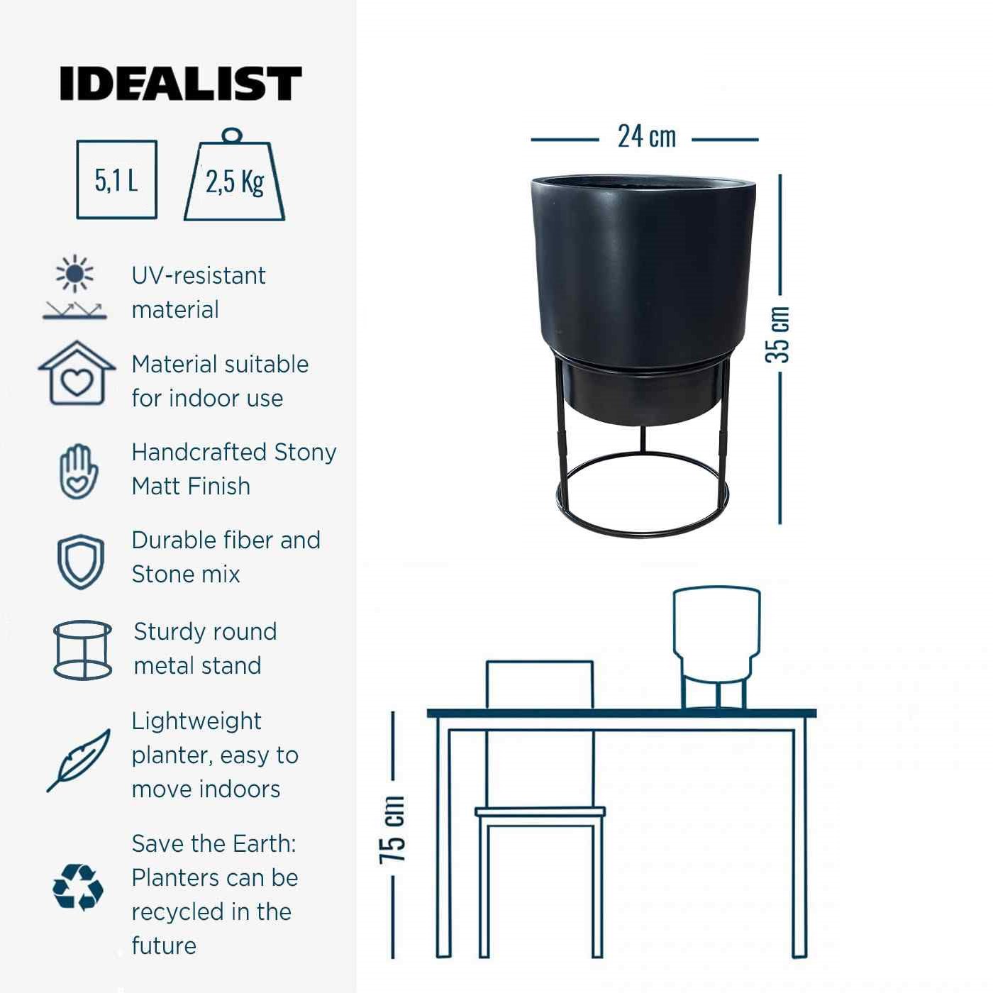 Set of two IDEALIST Lite Smooth Style Round Indoor Planters on Metal Stand