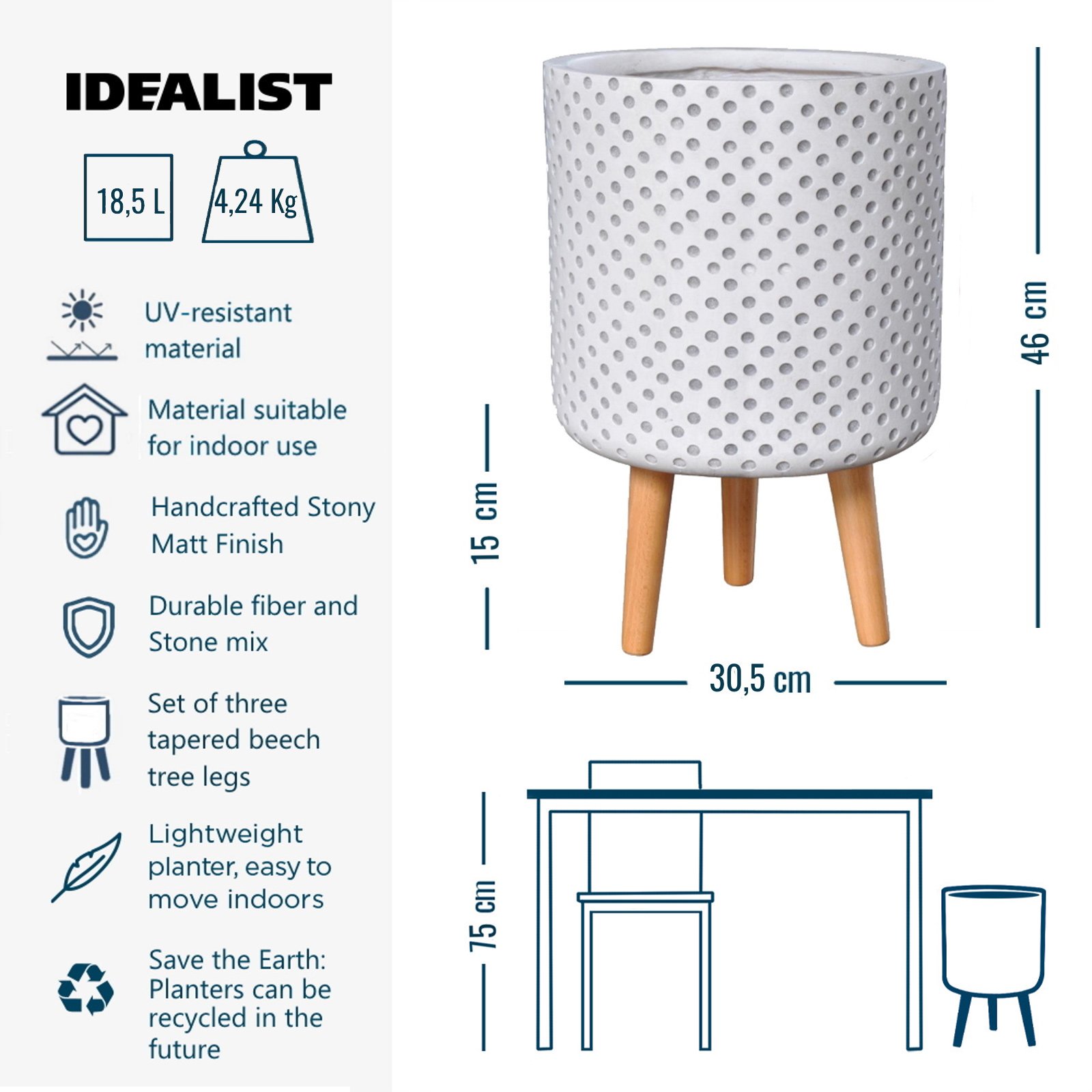 IDEALIST Lite Dotted Style Planter on Legs, Round Plant Pot Indoor