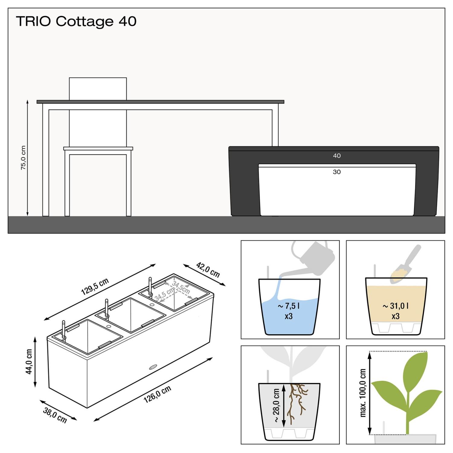 LECHUZA TRIO Cottage Trough Poly Resin Self-watering Planter