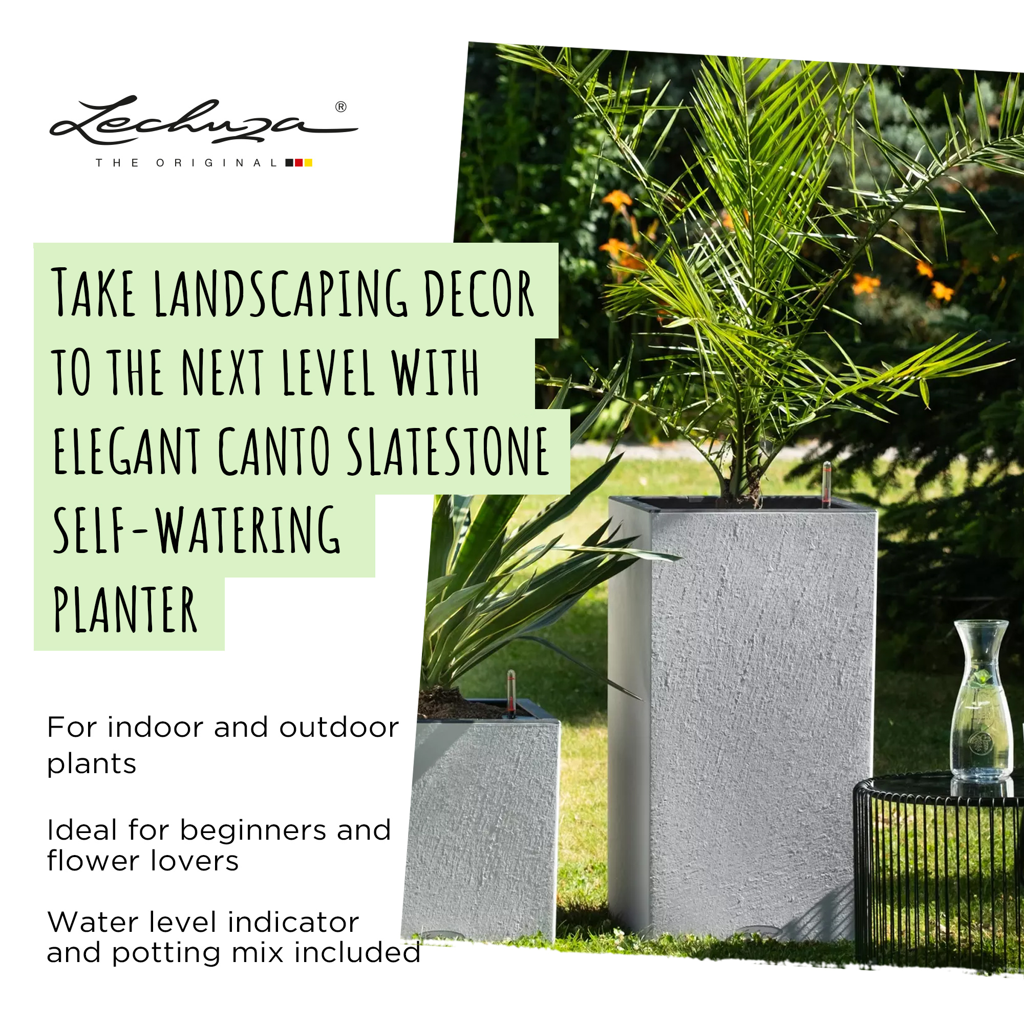 LECHUZA CANTO Slatestone High Square Tall Poly Resin Self-watering Planter