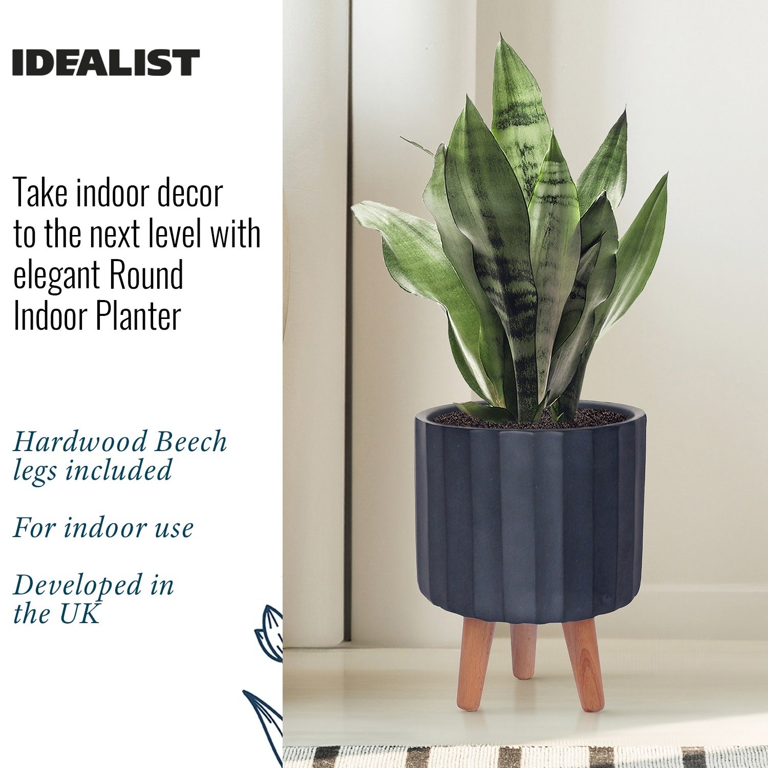 IDEALIST Lite Modern Ribbed Cylinder Planter on Legs, Round Pot Plant Stand Indoor