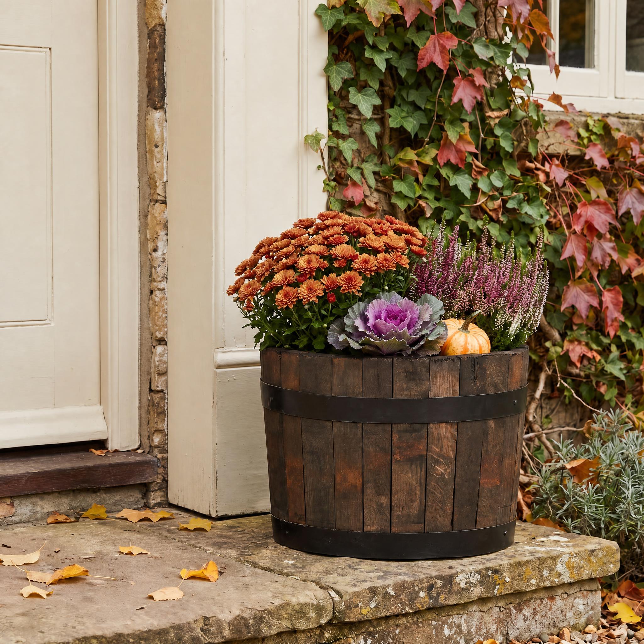 Rustic Upcycled Oak Wood Round Tub Half Barrel Outdoor Planter Made in UK by HORTICO