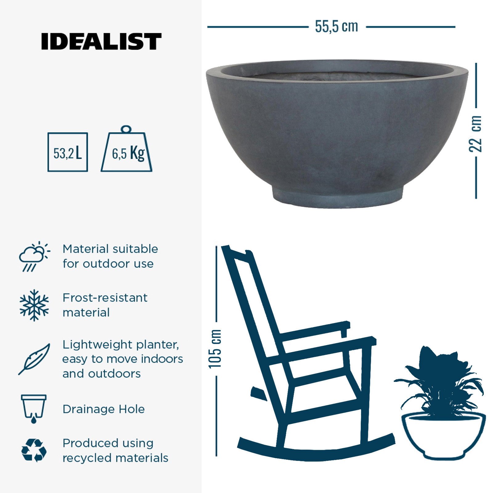 IDEALIST Lite Dish Style Smooth Bowl Outdoor Planter