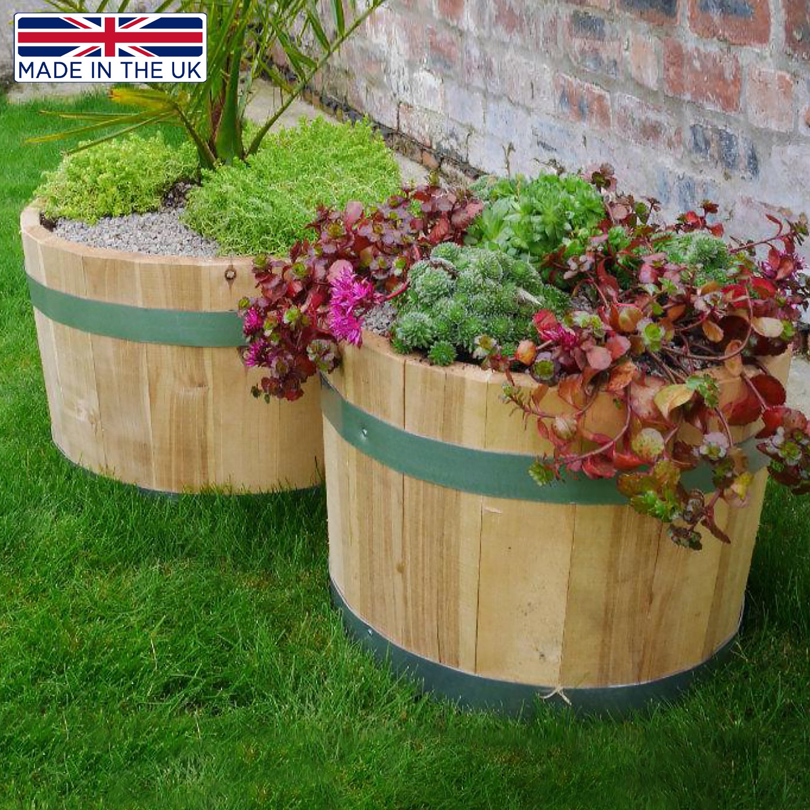 Rustic European Birch Hardwood Round Tub Half Barrel Outdoor Planter Made in UK by HORTICO