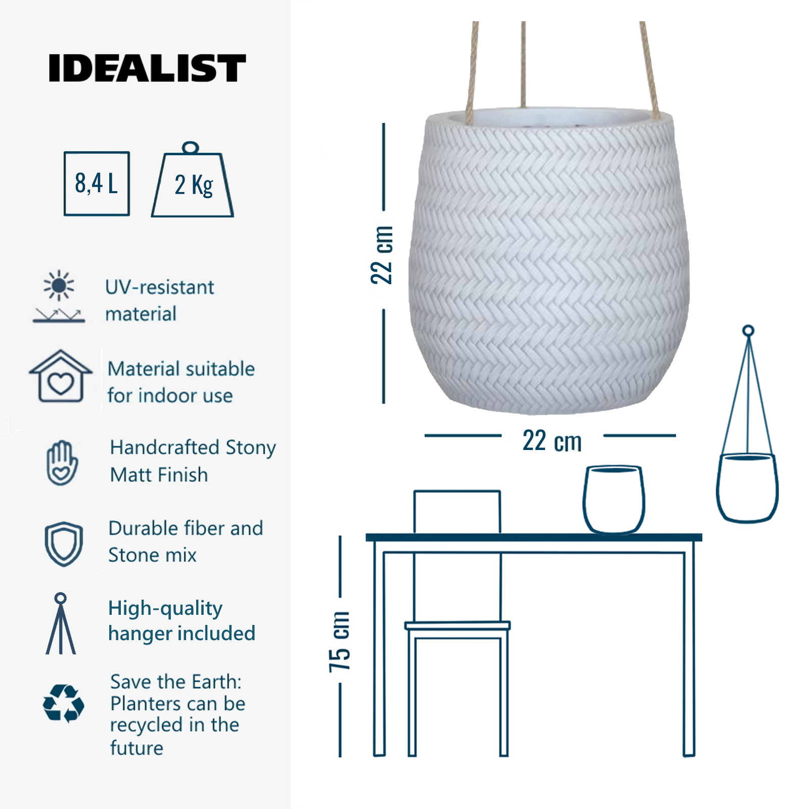 IDEALIST Lite Plaited Style Table and Hanging Plant Pot Dual Use Indoor Egg Planter