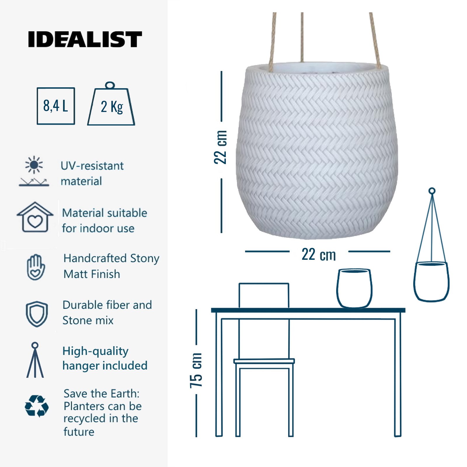 IDEALIST Lite Plaited Style Table and Hanging Plant Pot Dual Use Indoor Egg Planter