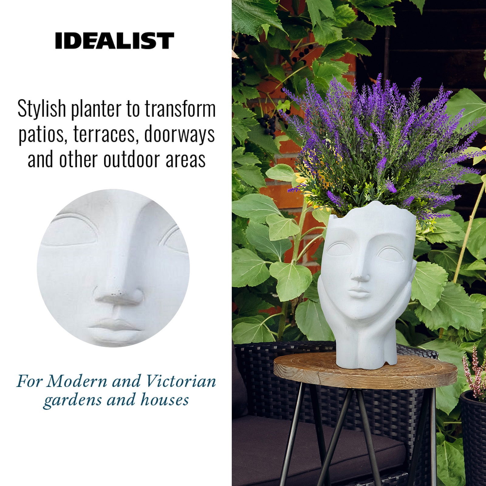 IDEALIST Oval Garden Face Planter Outdoor Head Plant Pot L27 W21 H34.5 cm, 10.2L - Picture 3 of 6