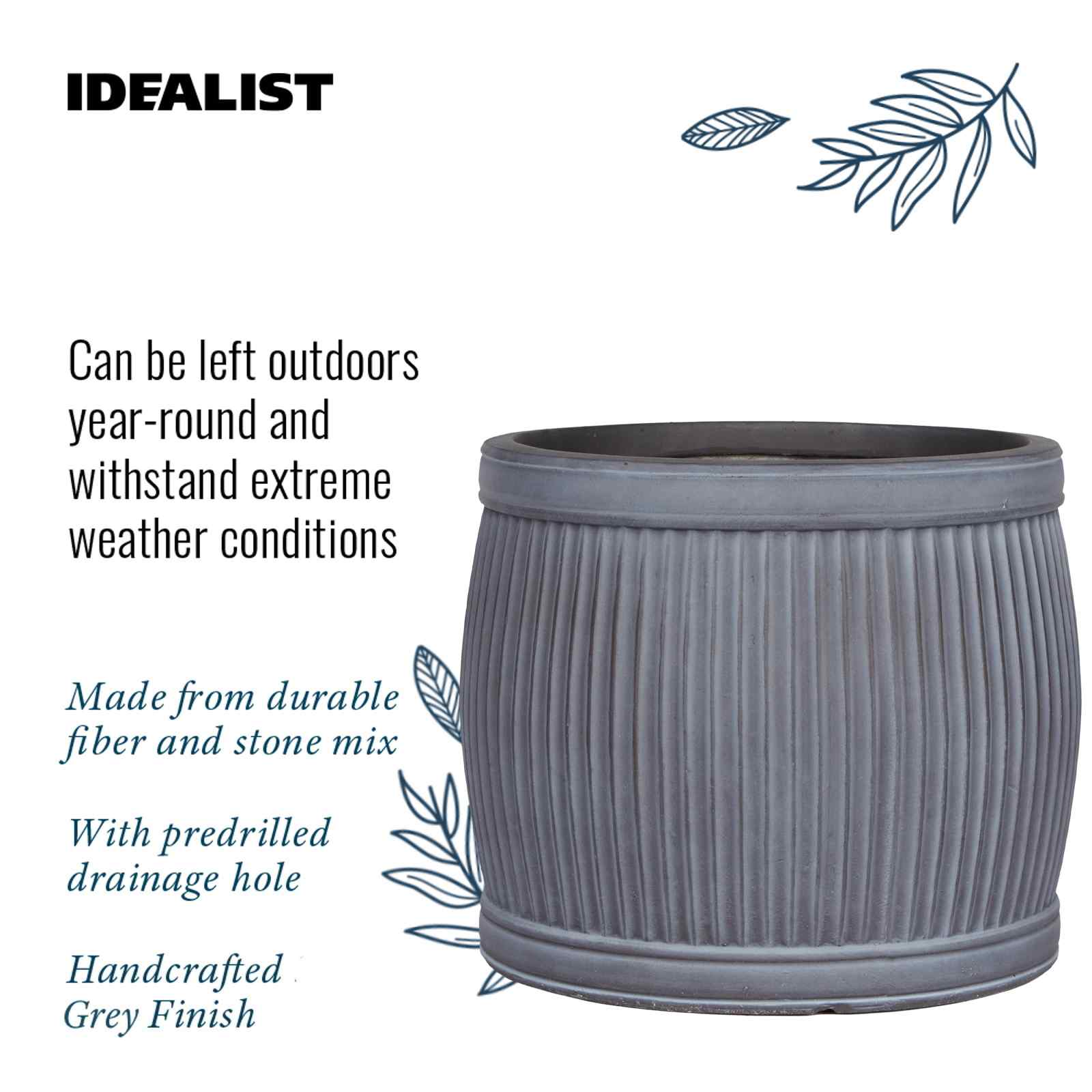 IDEALIST Lite Vertical Ribbed Vintage Style Barrel Round Planter