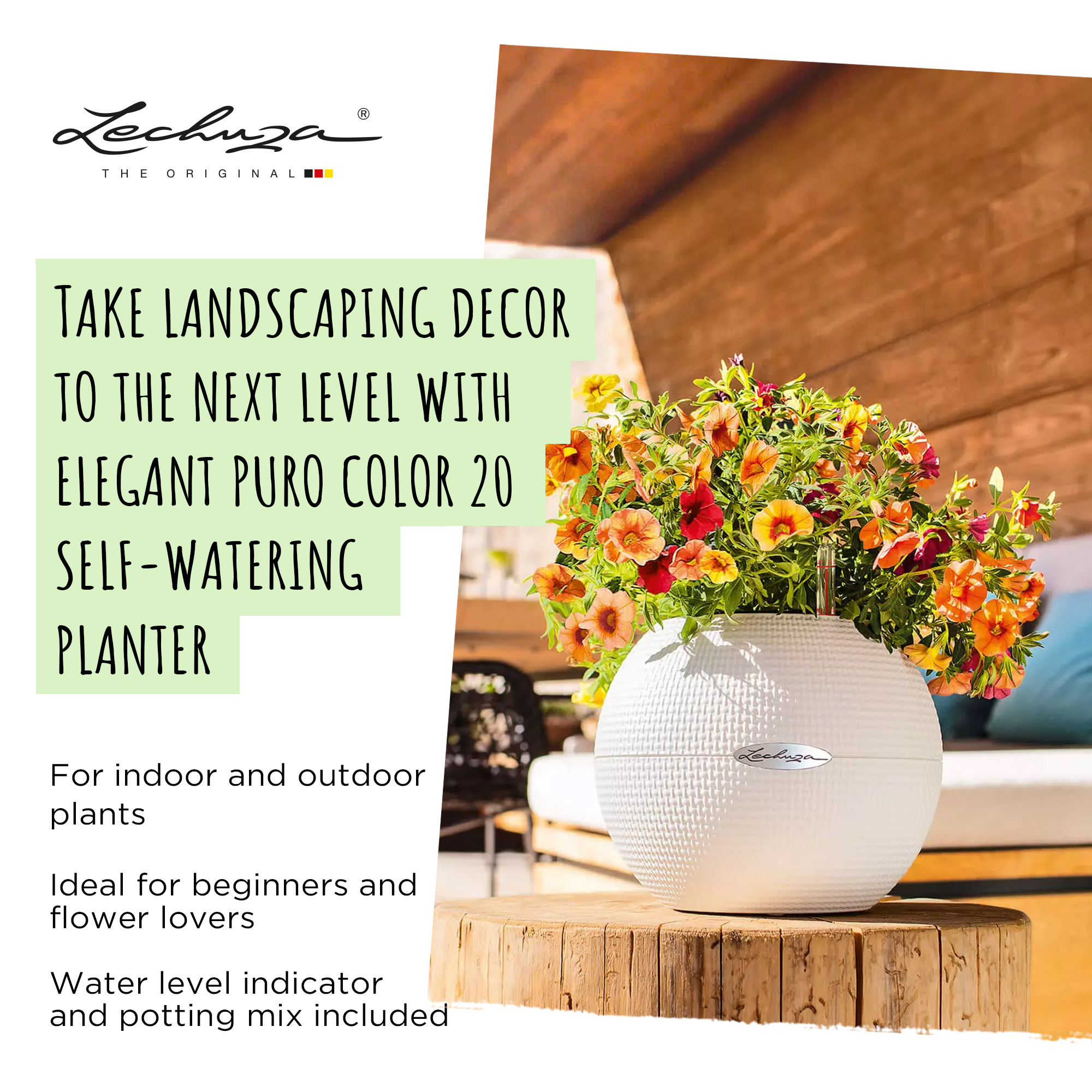 LECHUZA PURO Color Round Poly Resin Self-watering Planter