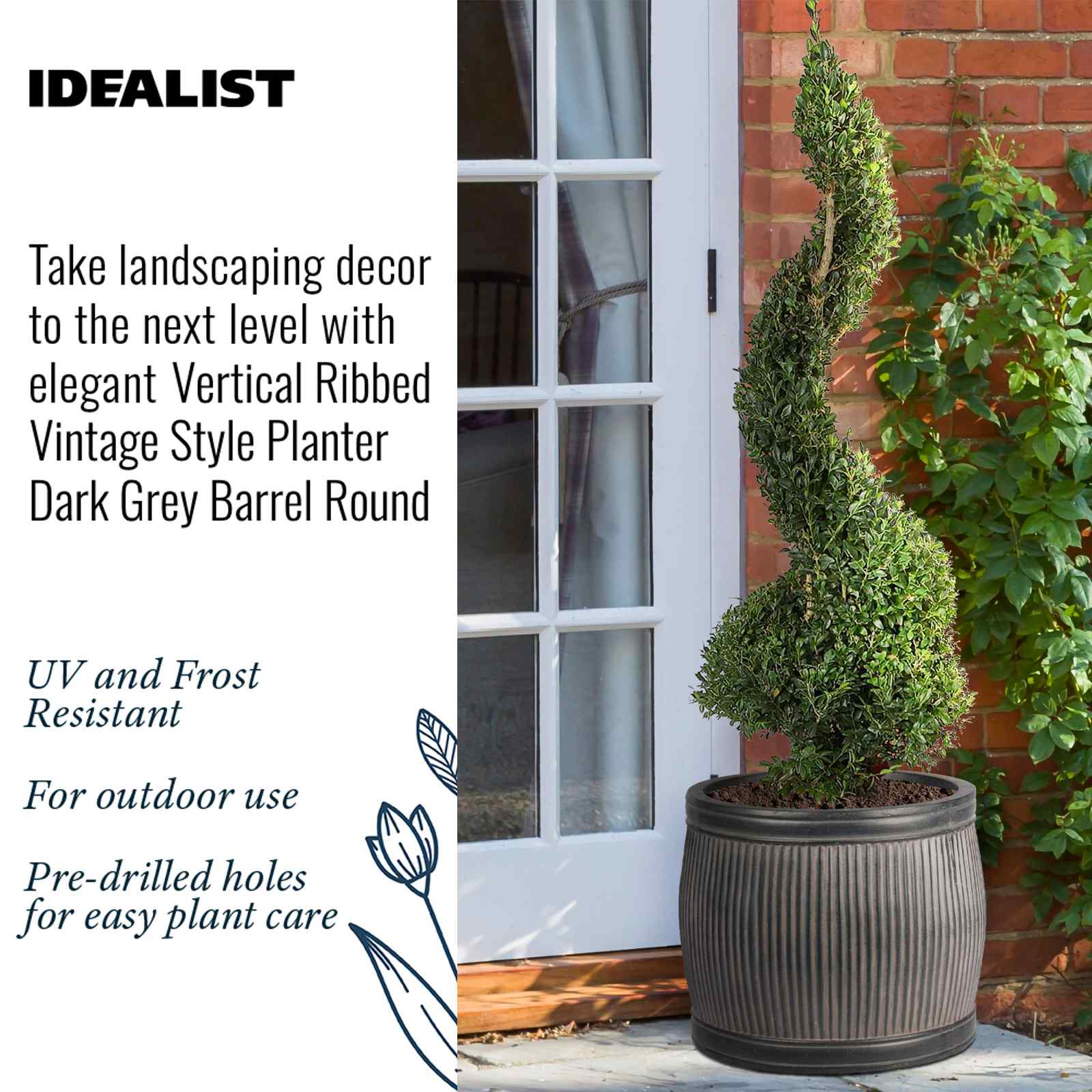 IDEALIST Lite Vertical Ribbed Vintage Style Barrel Round Planter
