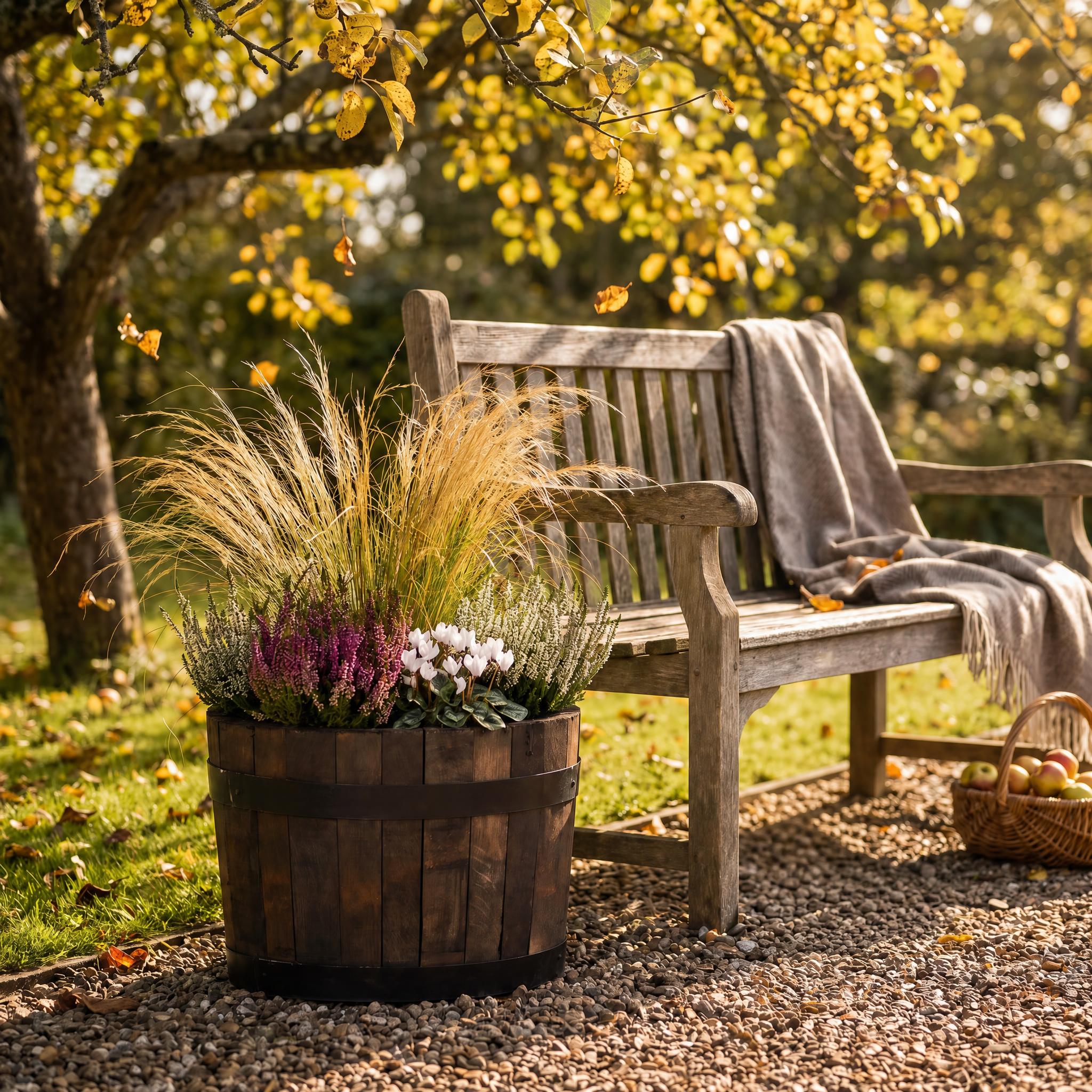 Rustic Upcycled Oak Wood Round Tub Half Barrel Outdoor Planter Made in UK by HORTICO