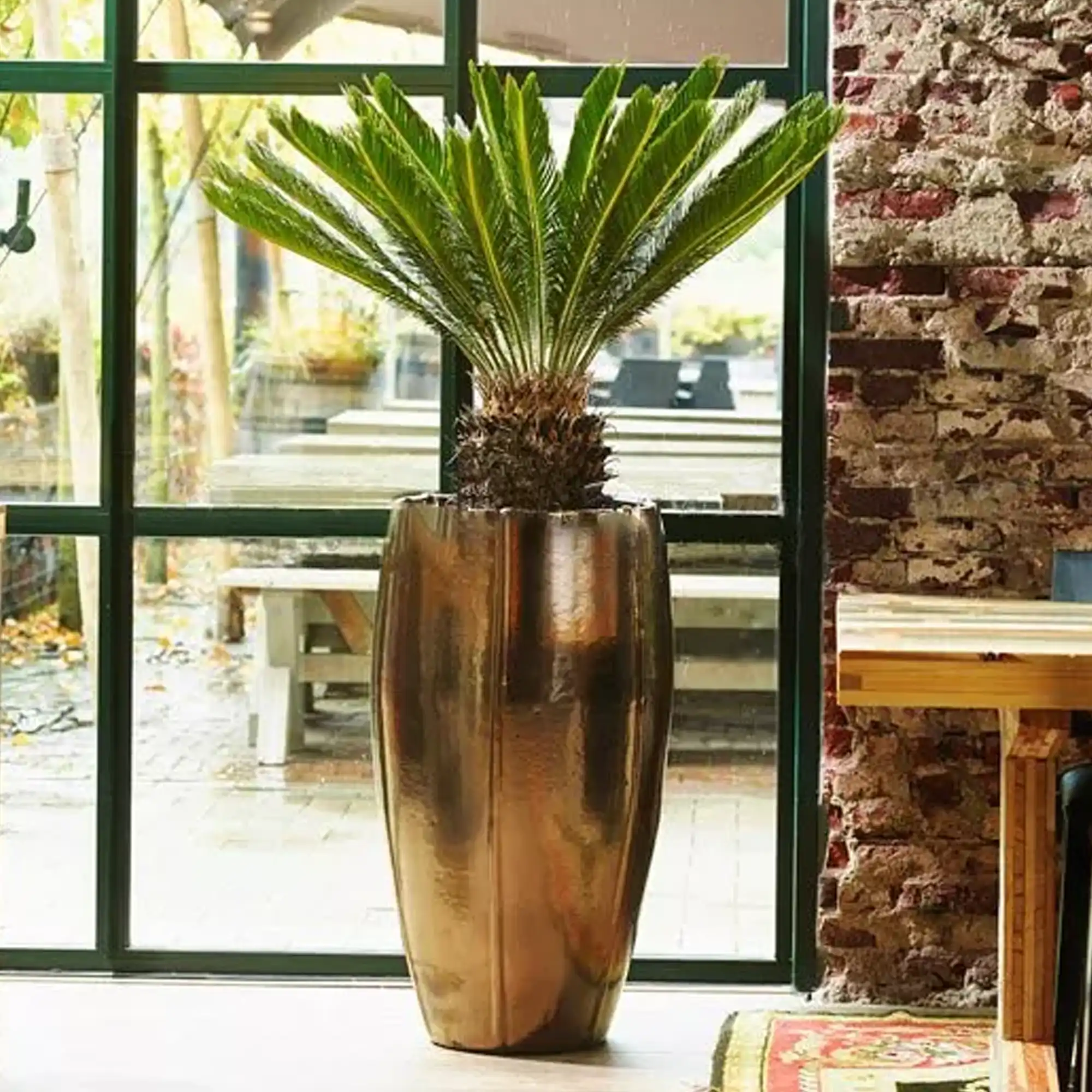 Ceramic Round Tall Lined Glossy Planter Pot In/Out