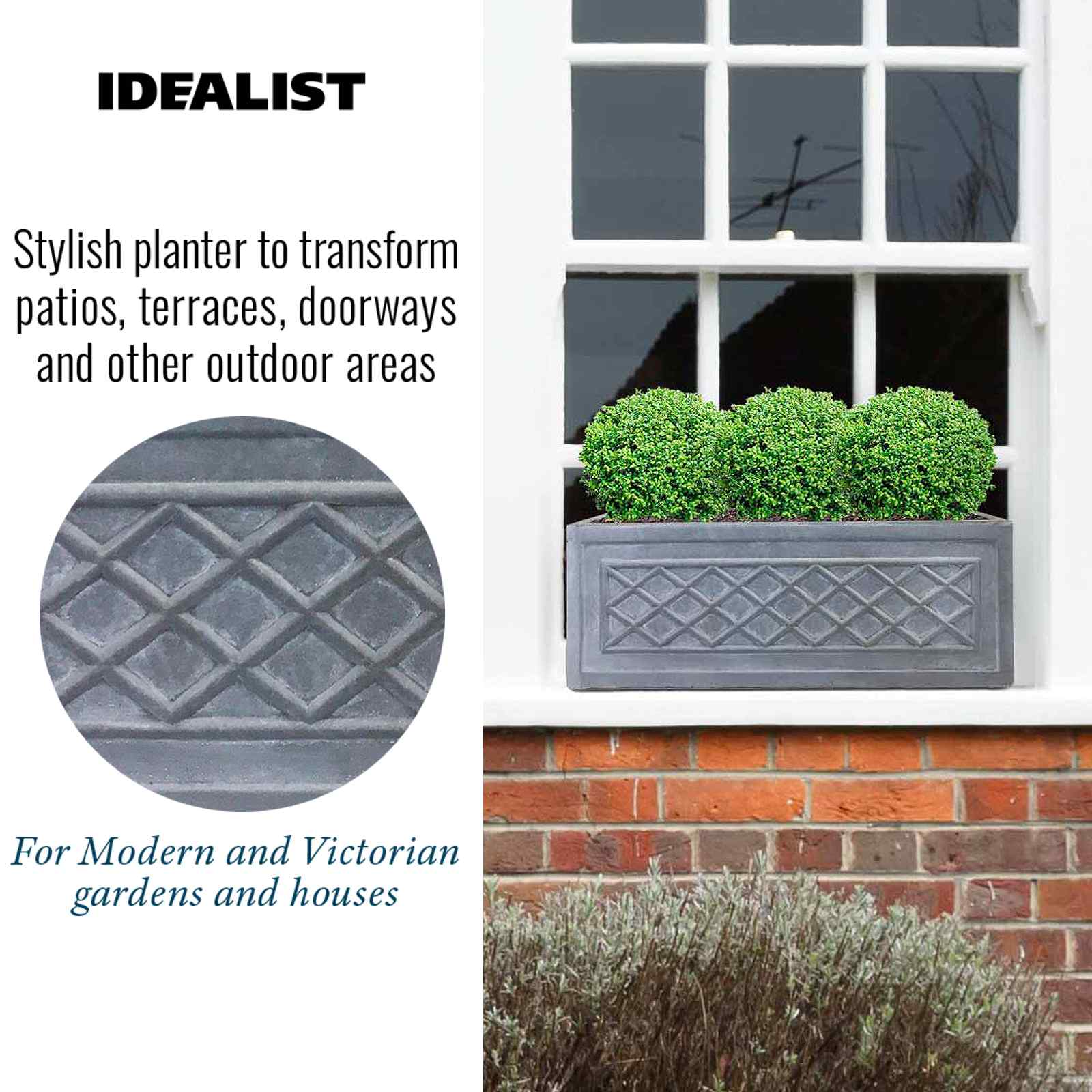 IDEALIST Lite Window Box Faux Lead Lattice Grey Light Stone Planter