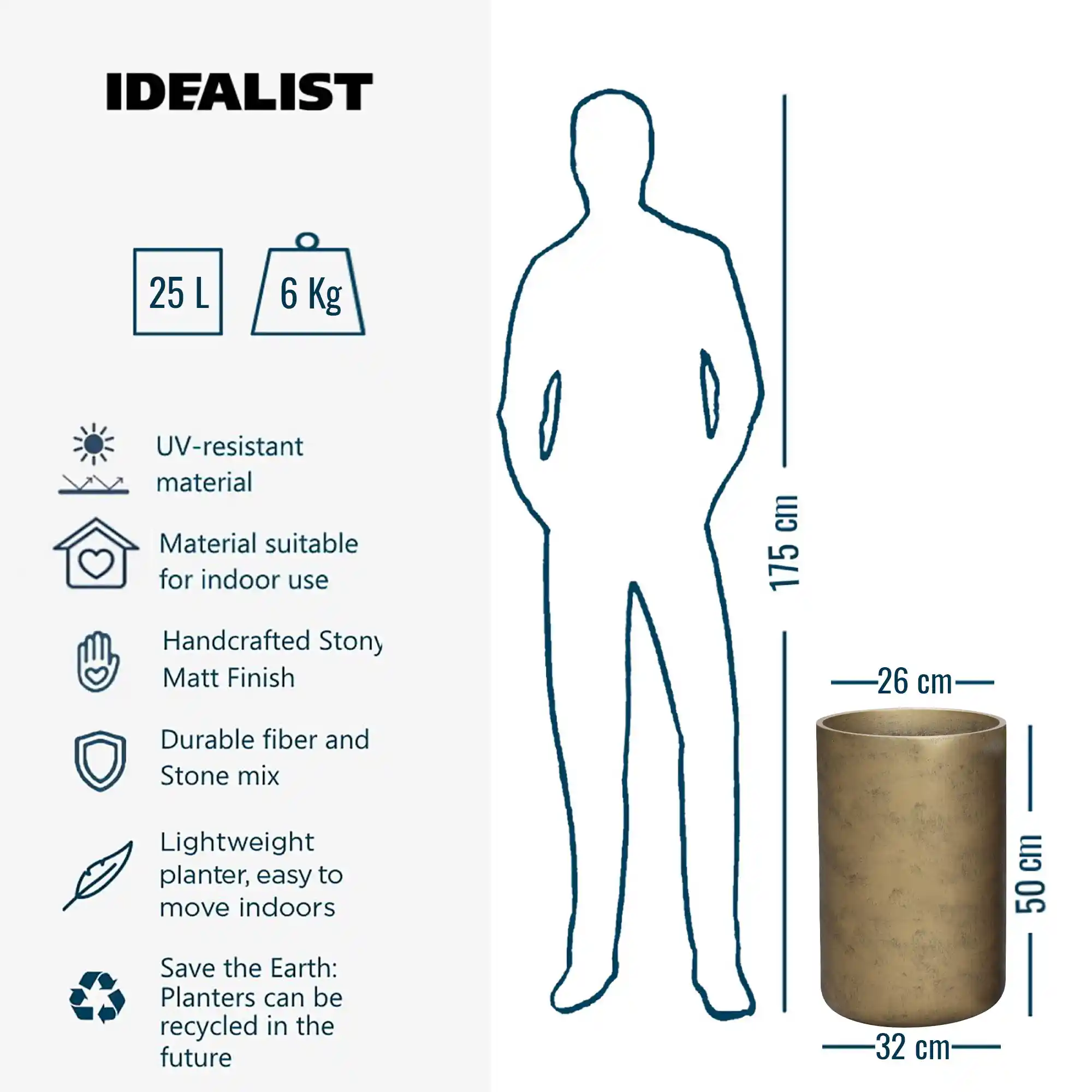 IDEALIST Lite Tall Round Metallic Indoor Planter