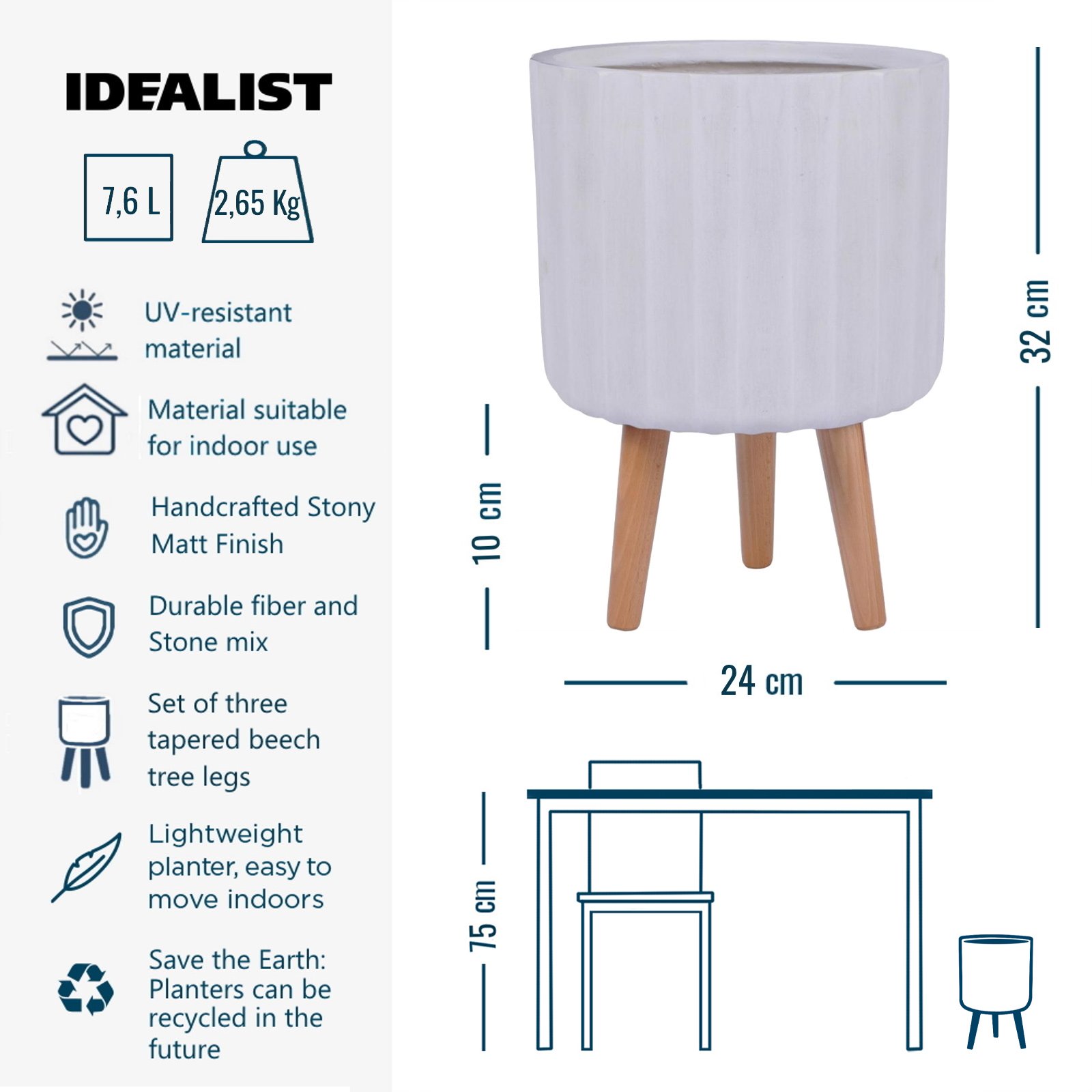 IDEALIST Lite Modern Ribbed Cylinder Planter on Legs, Round Pot Plant Stand Indoor