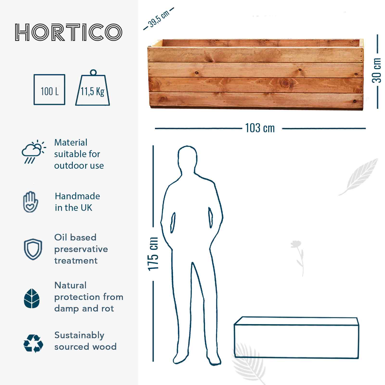 Rustic Scandinavian Redwood Open Trough Outdoor Planter Made in UK by HORTICO
