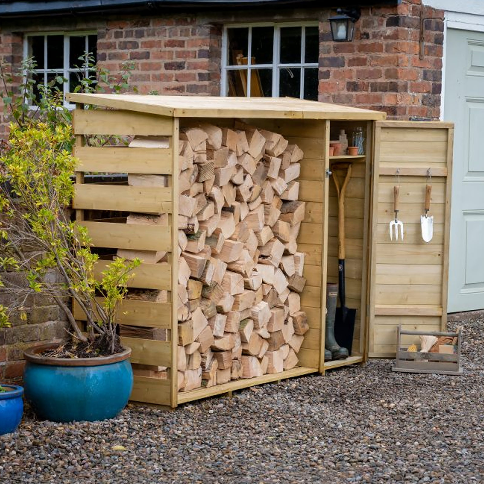 Outdoor Wooden Log and Tool Store by Forest Garden