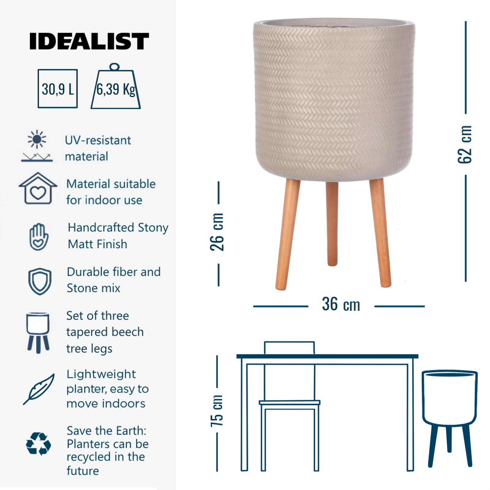 IDEALIST Lite Plaited Style Cylinder Planter on Legs, Round Pot Plant Stand Indoor