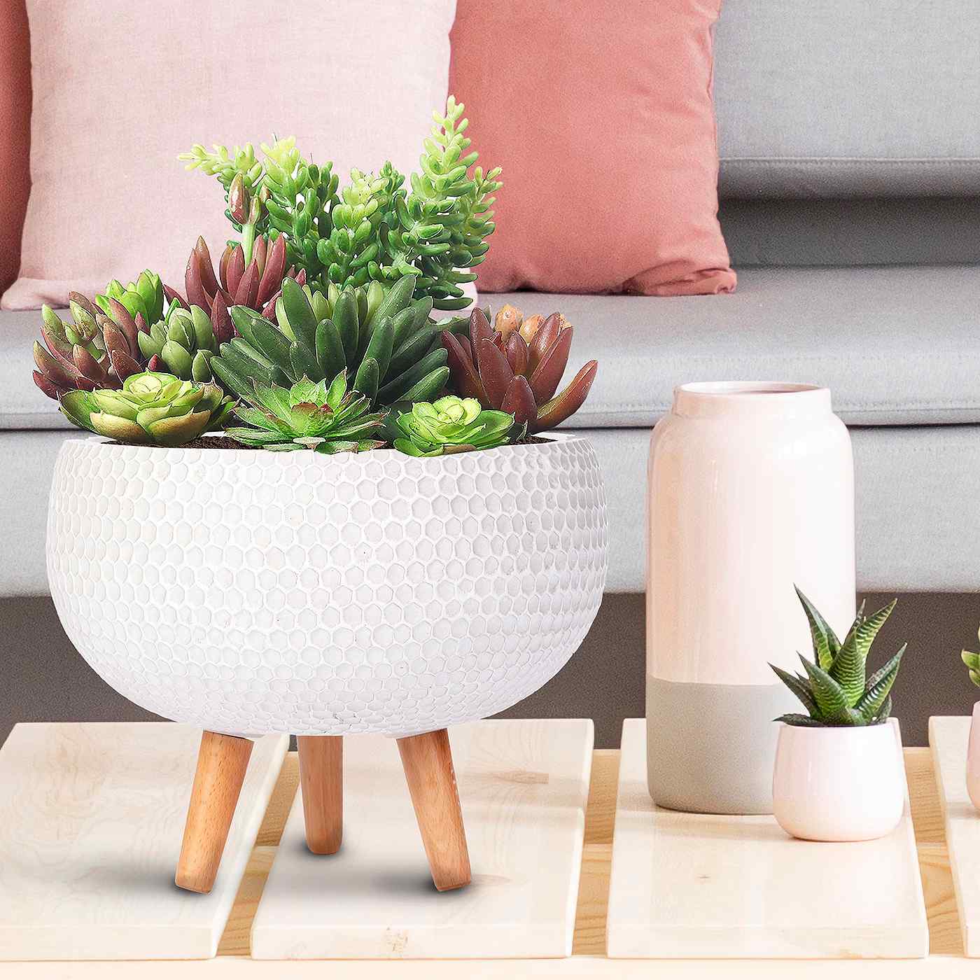 IDEALIST Lite Honeycomb Style Bowl Planter on Legs, Round Pot Plant Stand Indoor