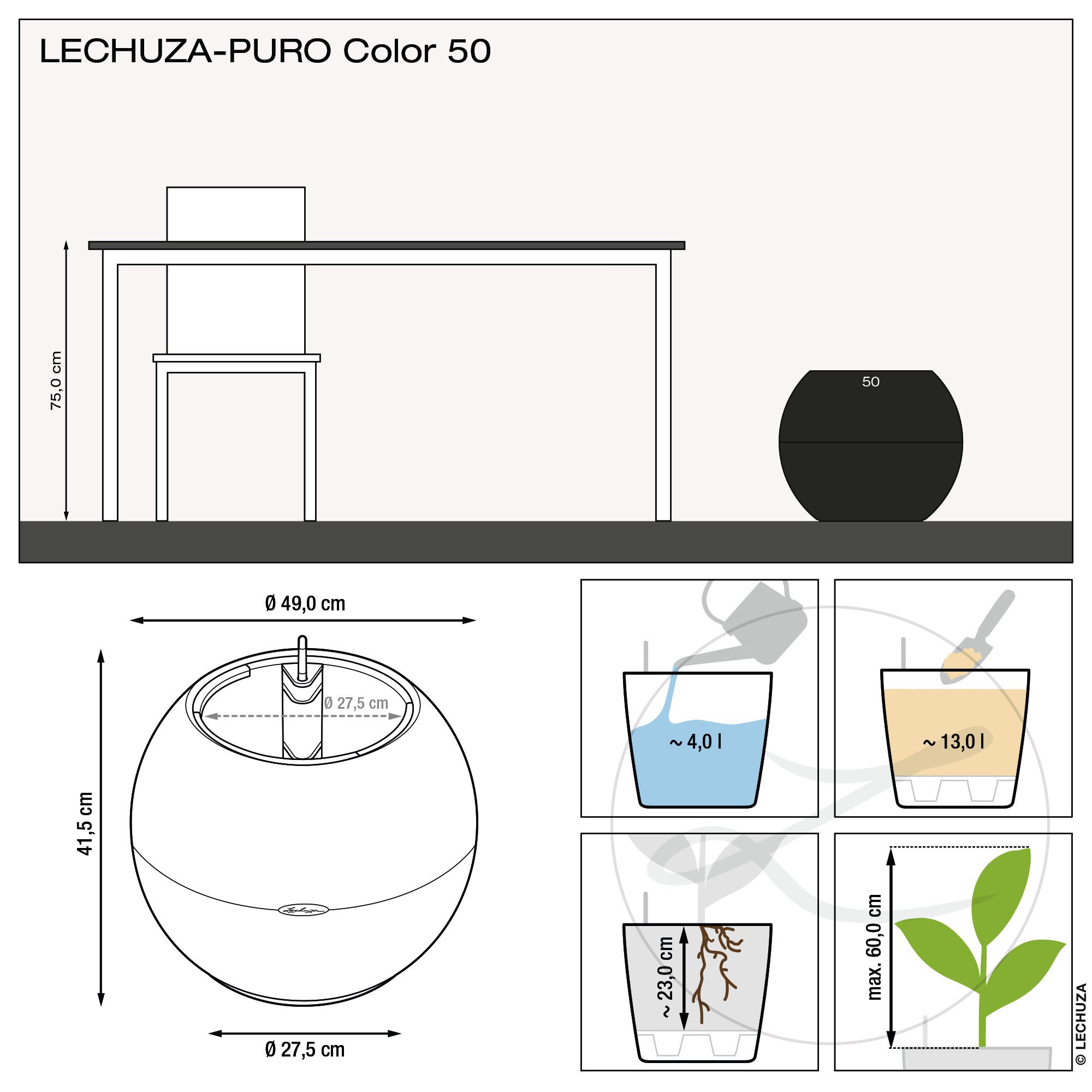 LECHUZA PURO Color Round Poly Resin Self-watering Planter