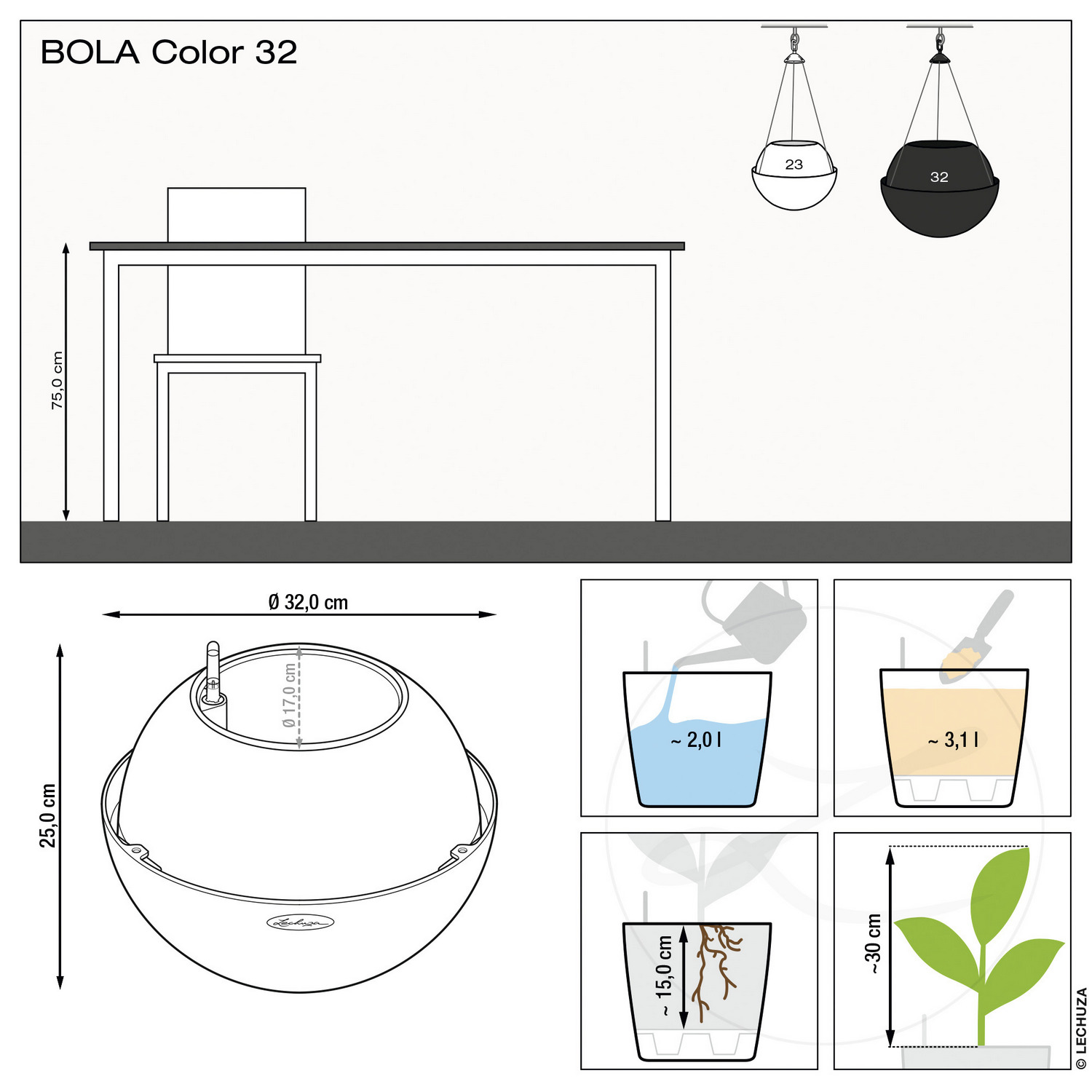 LECHUZA BOLA Color Round Poly Resin Self-watering Planter