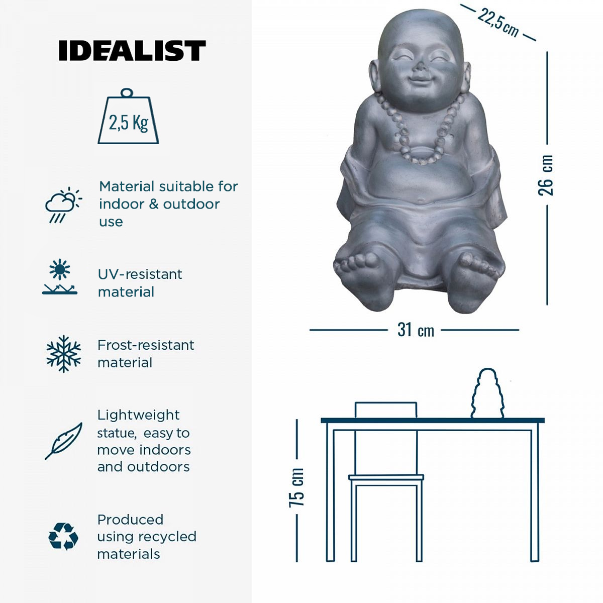 IDEALIST Lite Resting Baby Monk Grey Indoor and Outdoor Statue L31 W22.5 H26 cm