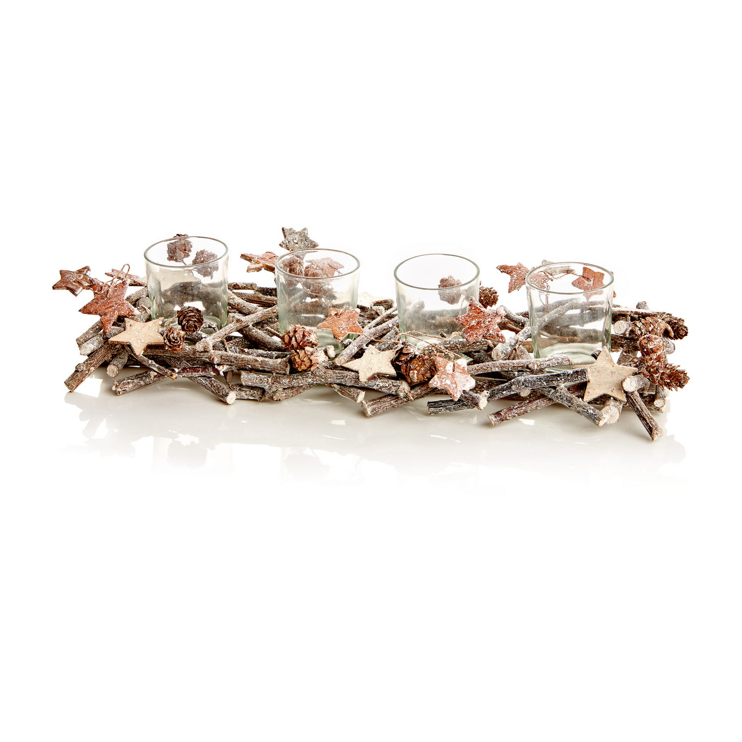 Christmas Tea Light Holders With Cone Sparkle Twig