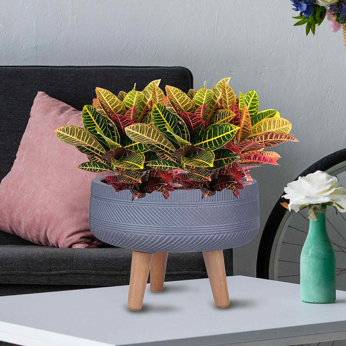 IDEALIST Lite Striped Tray Round Planter on Legs, Round Pot Plant Stand Indoor