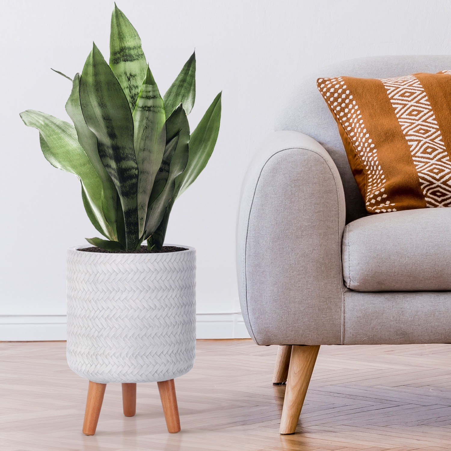 IDEALIST Lite Plaited Style Cylinder Planter on Legs, Round Pot Plant Stand Indoor