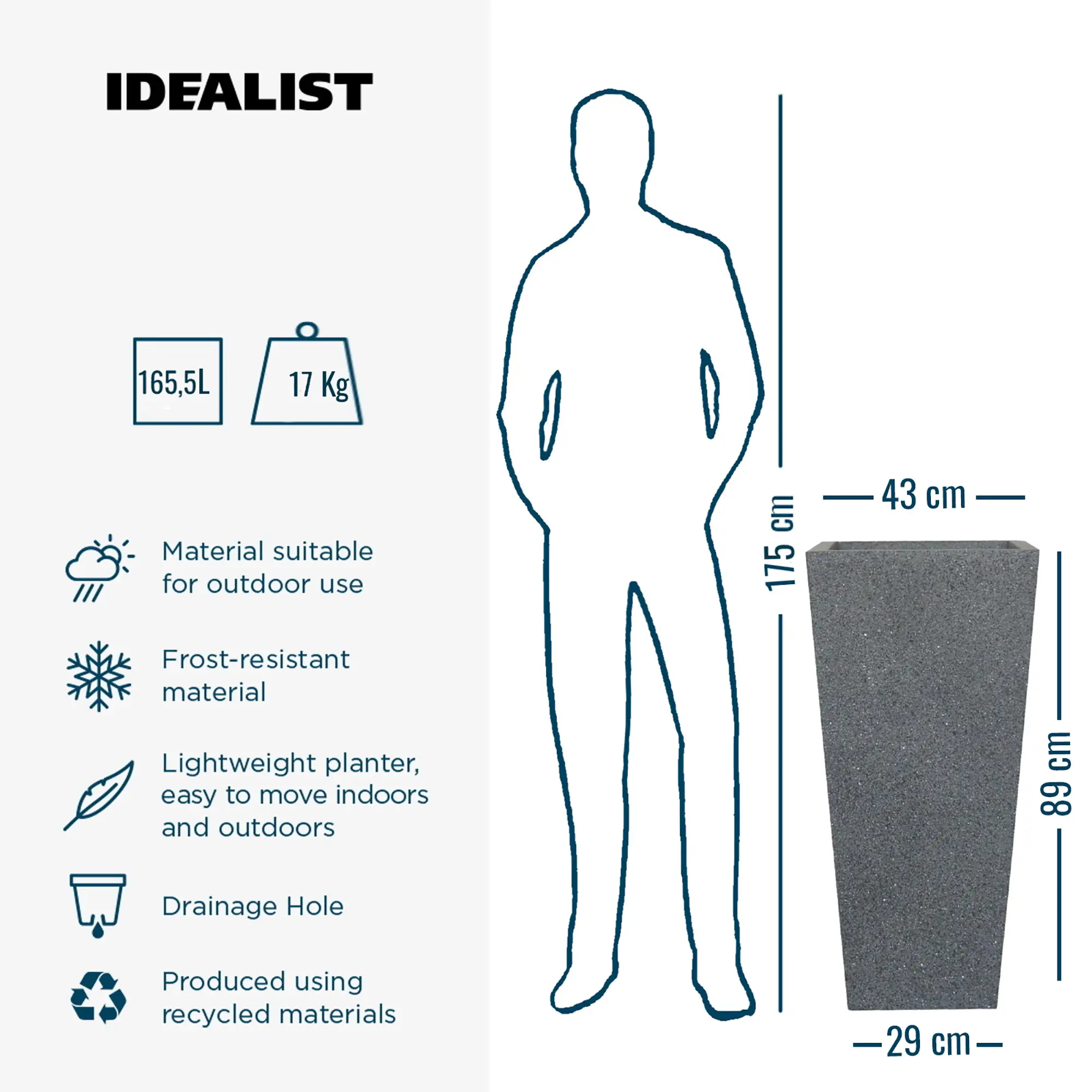 IDEALIST Lite Textured Concrete Effect Tall Tapered Outdoor Planter