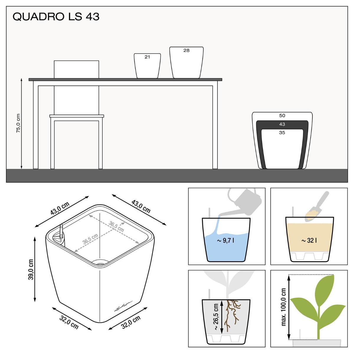 LECHUZA Quadro LS Square Poly Resin Self-watering Planter