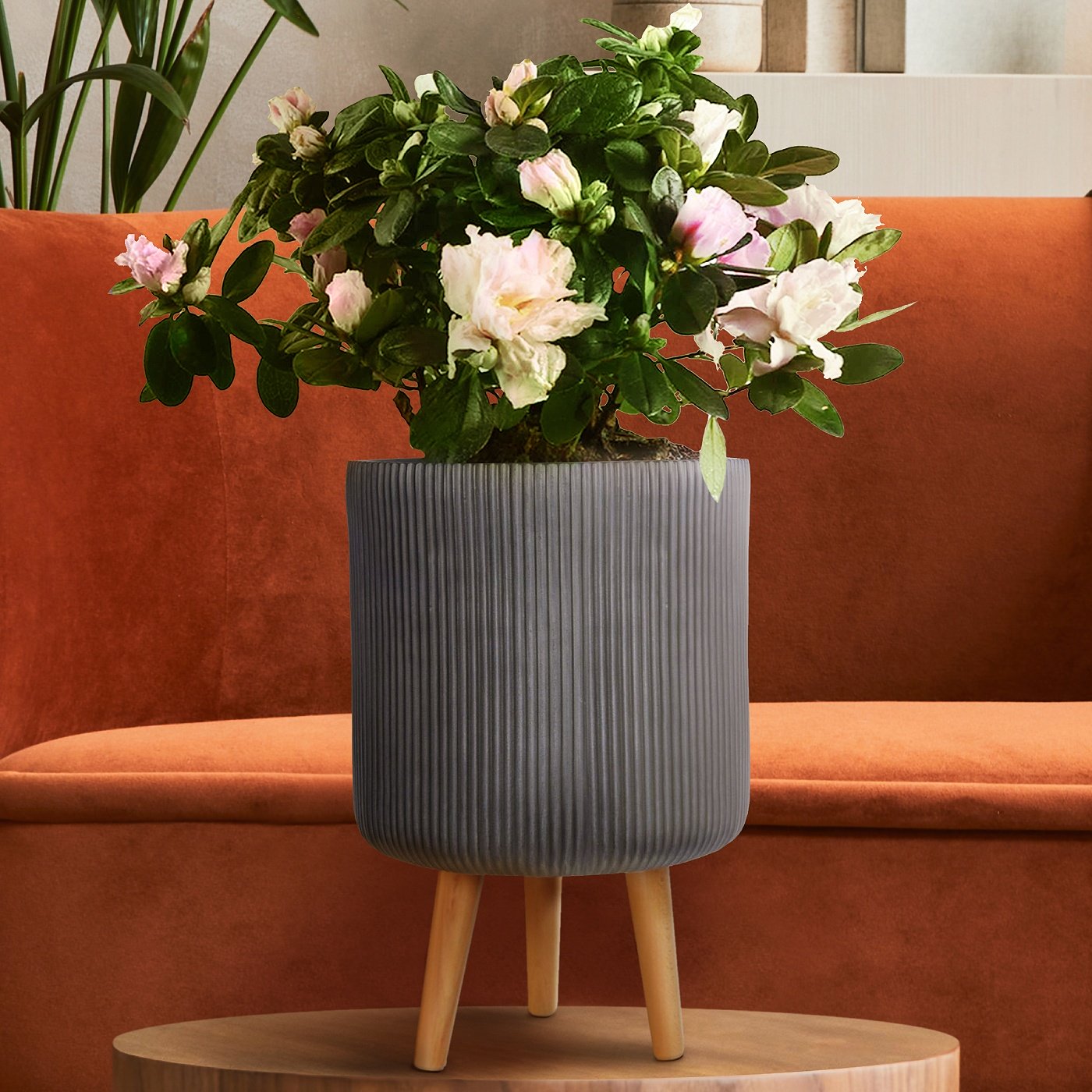 IDEALIST Lite Ribbed Cylinder Planter on Legs, Round Pot Plant Stand Indoor