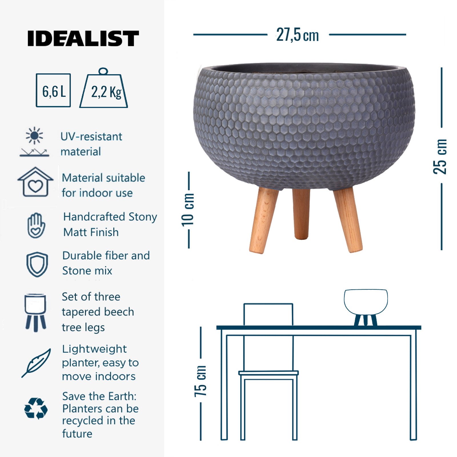 IDEALIST Lite Honeycomb Style Bowl Planter on Legs, Round Pot Plant Stand Indoor