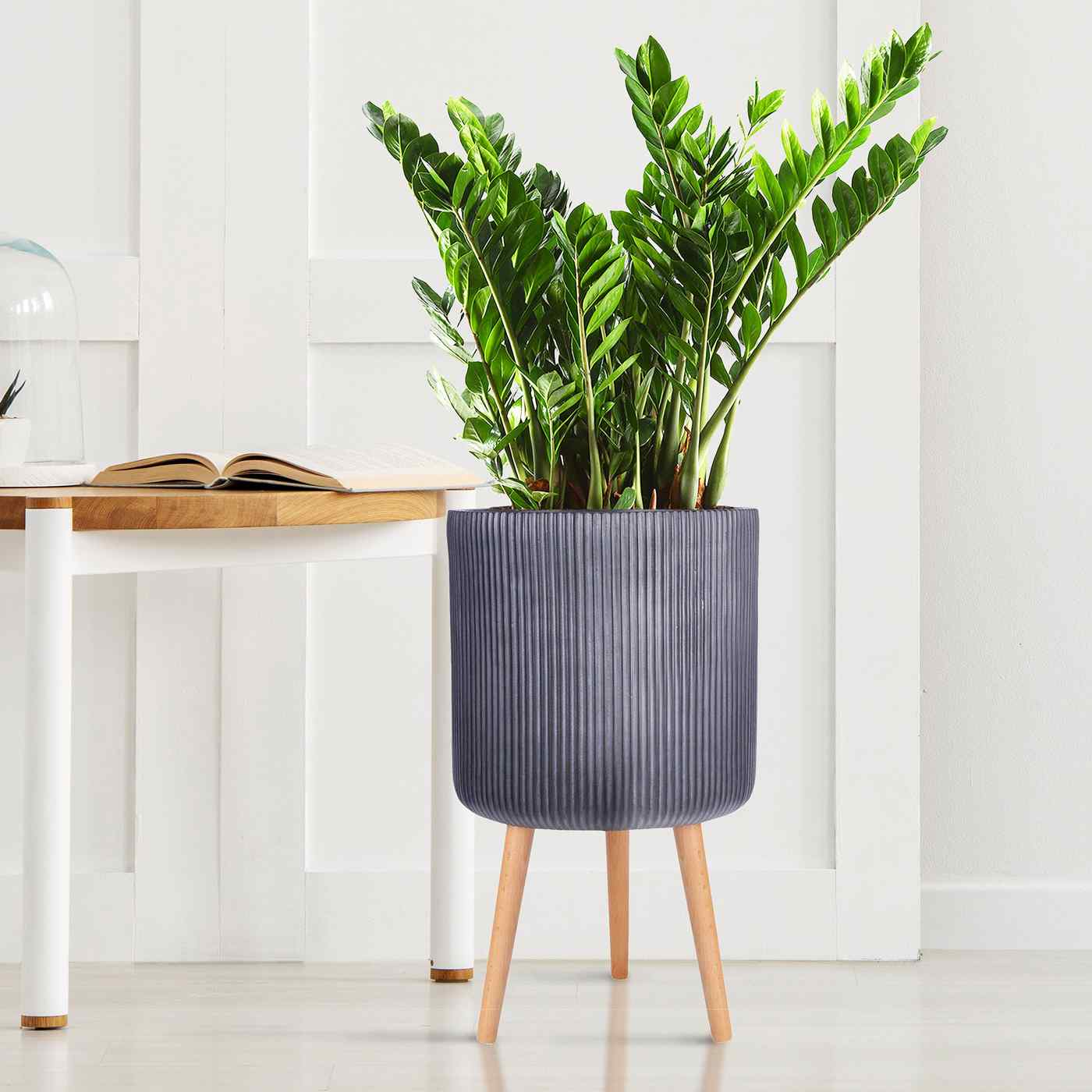 IDEALIST Lite Ribbed Cylinder Planter on Legs, Round Pot Plant Stand Indoor