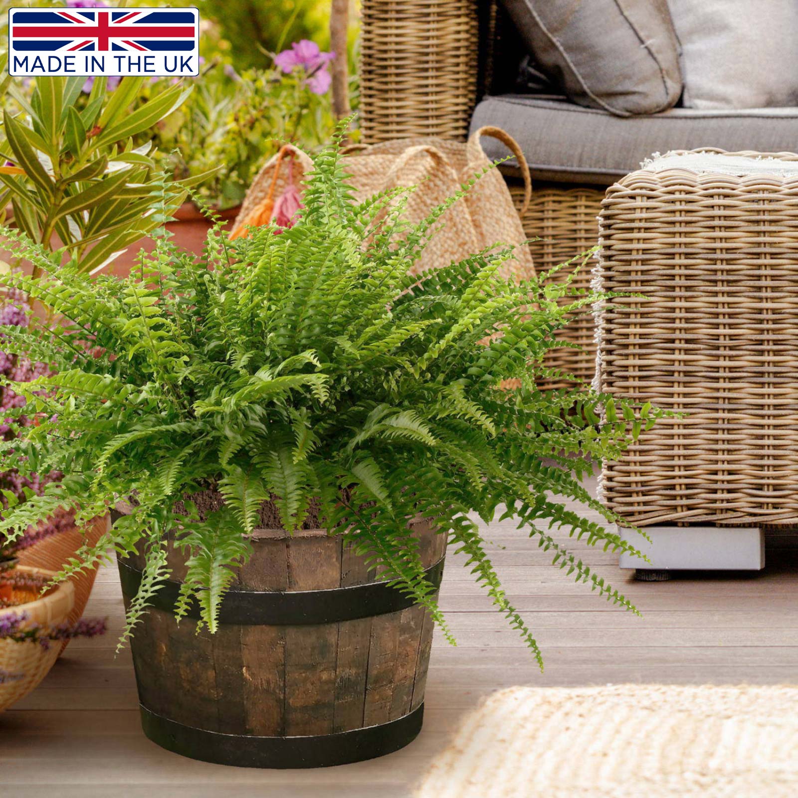 Rustic Upcycled Oak Wood Round Tub Half Barrel Outdoor Planter Made in UK by HORTICO
