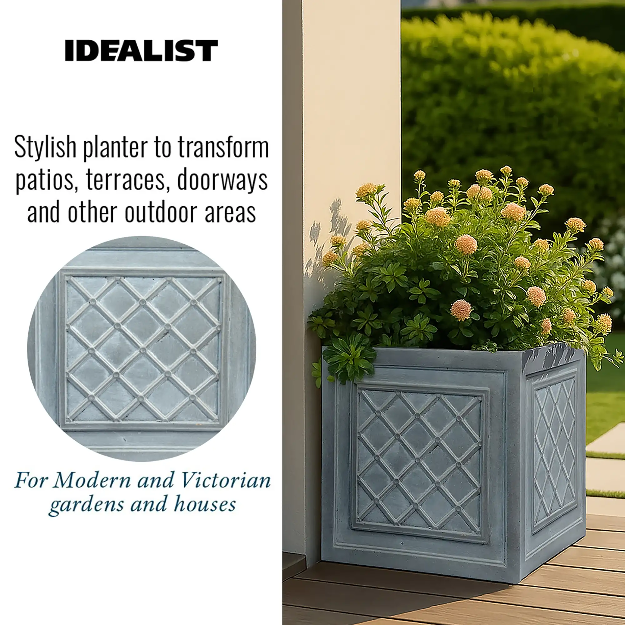 IDEALIST Lite Faux Lead Lattice Planter Light Concrete Square Box