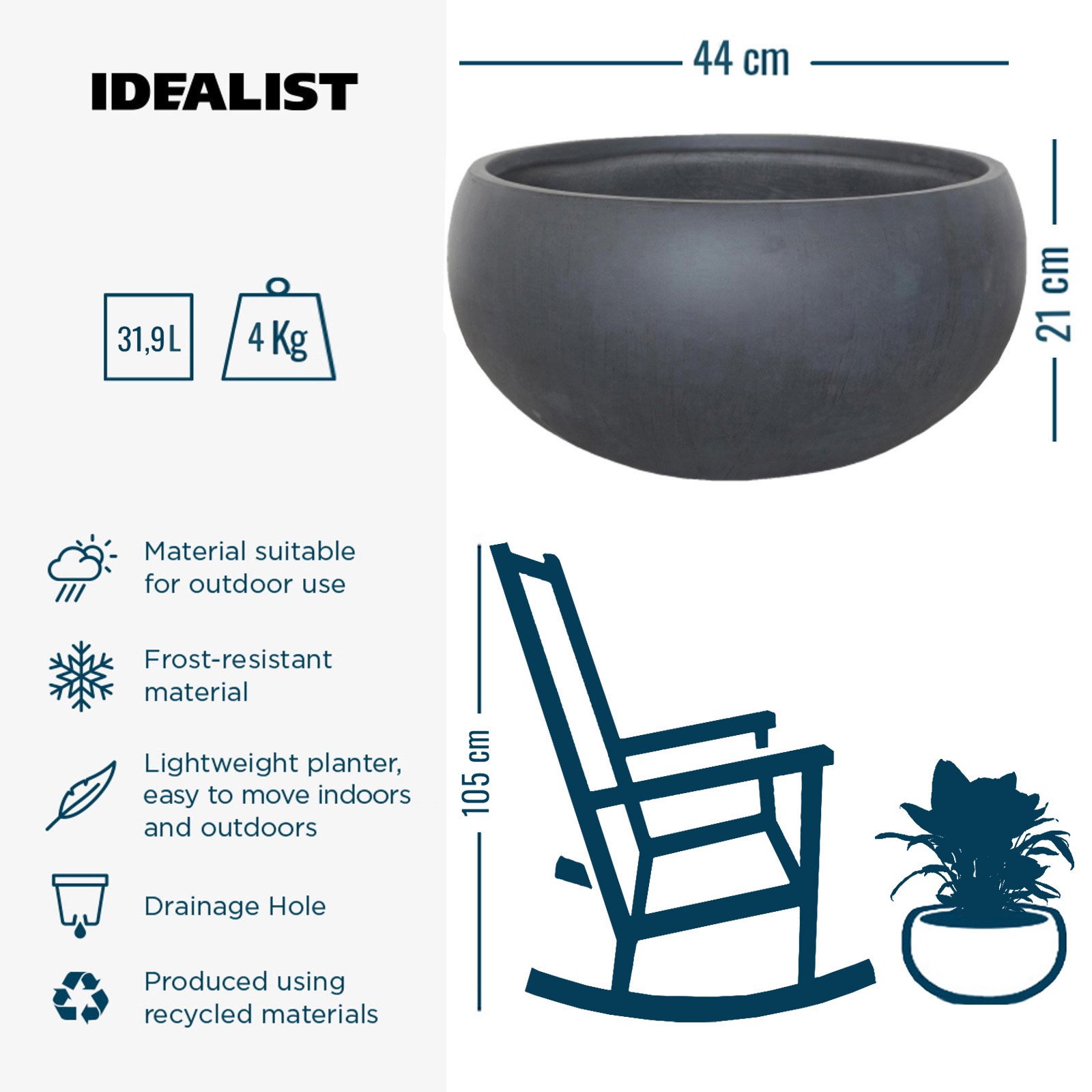 IDEALIST Lite Classic Smooth Bowl Outdoor Planter