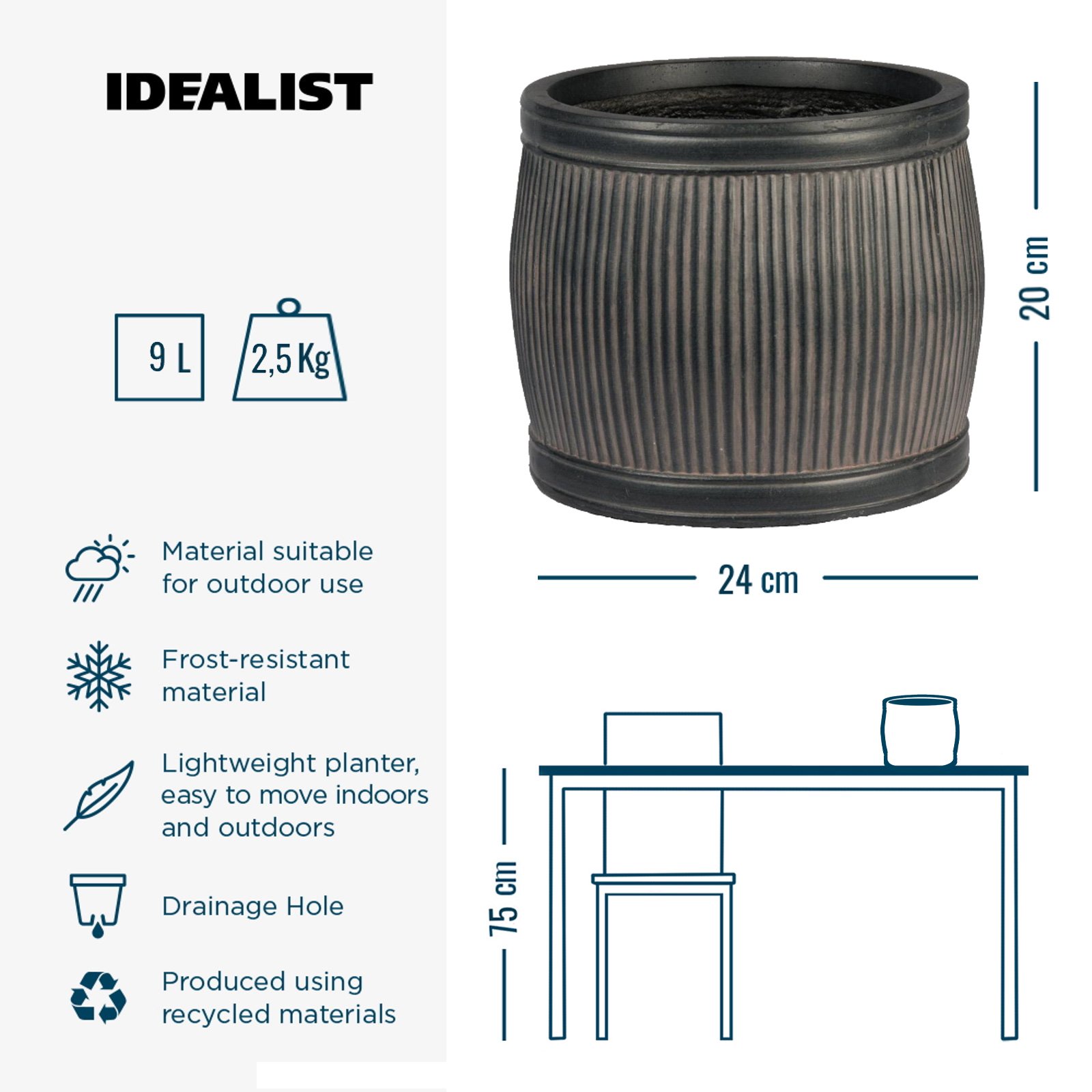 IDEALIST Lite Vertical Ribbed Vintage Style Barrel Round Planter