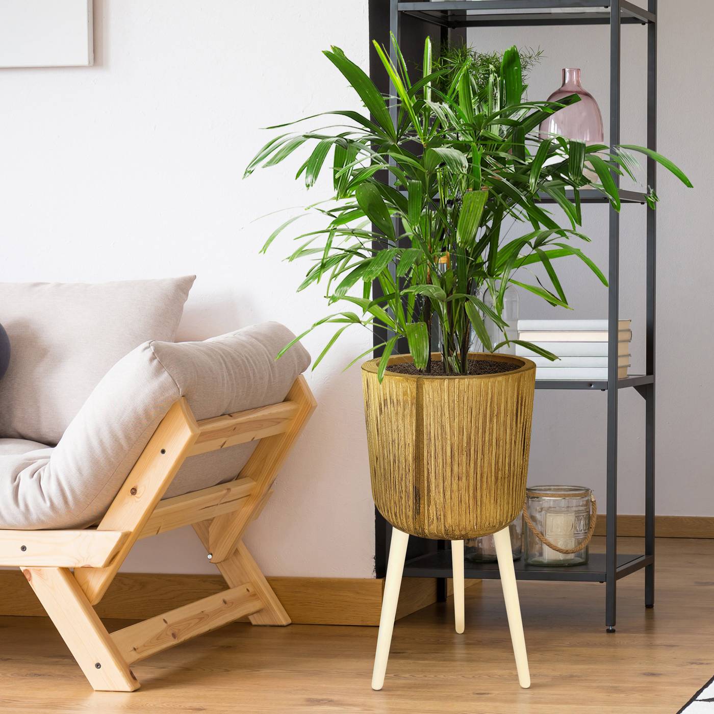 HORTICO RIBBED Wooden House Planter with Legs, Tall Indoor Plant Pot Stand with Waterproof Liner