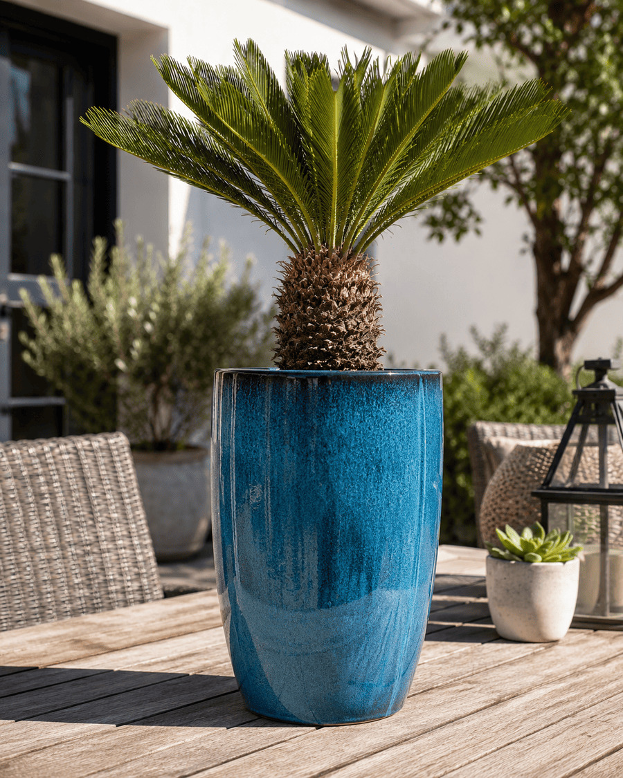 Blue planter on a sunny patio table
