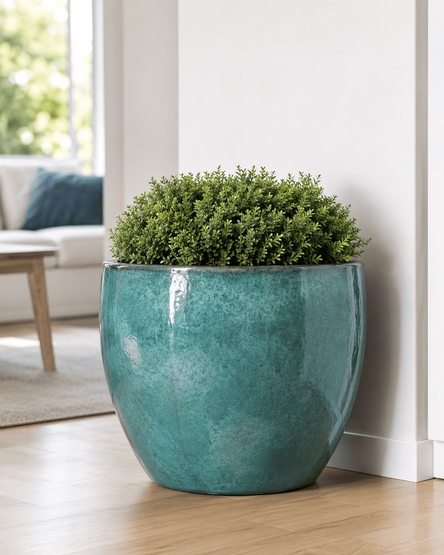 Turquoise blue planter indoors against a white wall