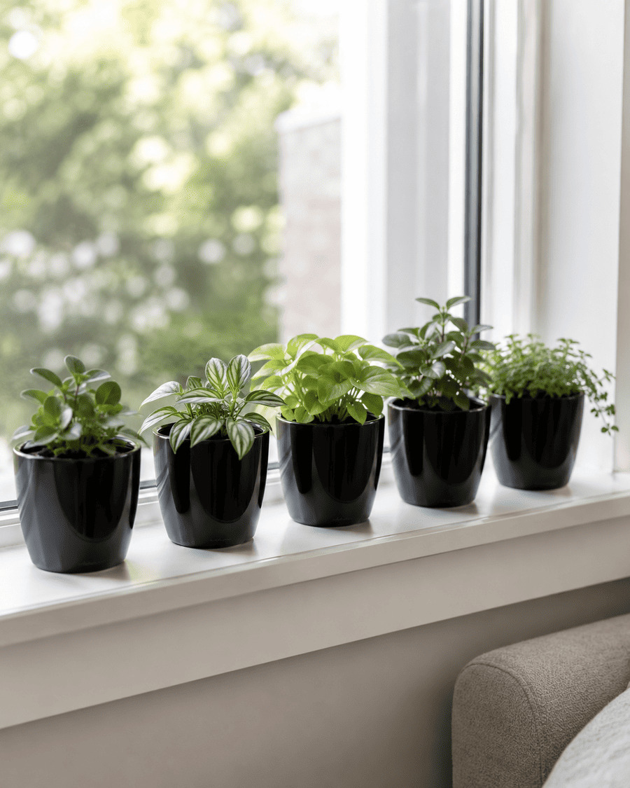 Set of small indoor planters on a windowsill shelf