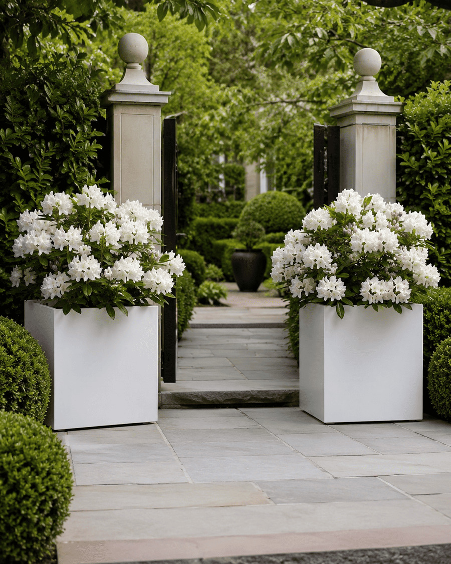 Pair of large white planters flanking a garden entrance