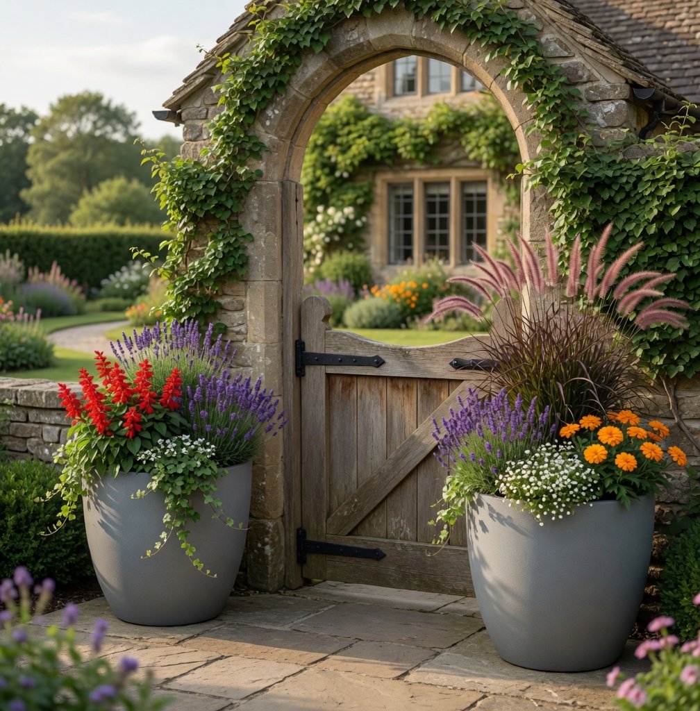 Large outdoor planters flanking a garden gate