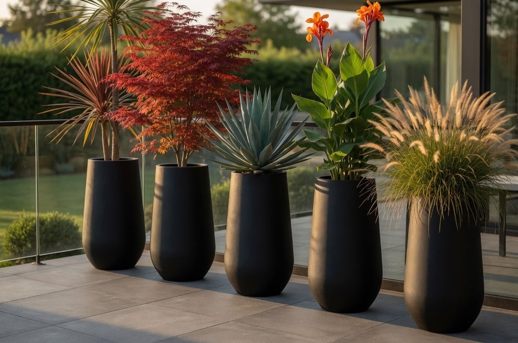 Tall large outdoor planters styled on a contemporary patio