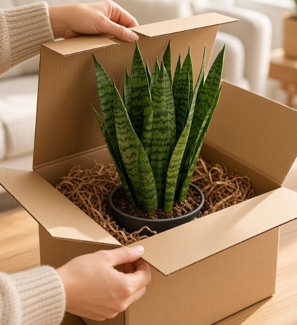 Live plant delivery box being unpacked at home