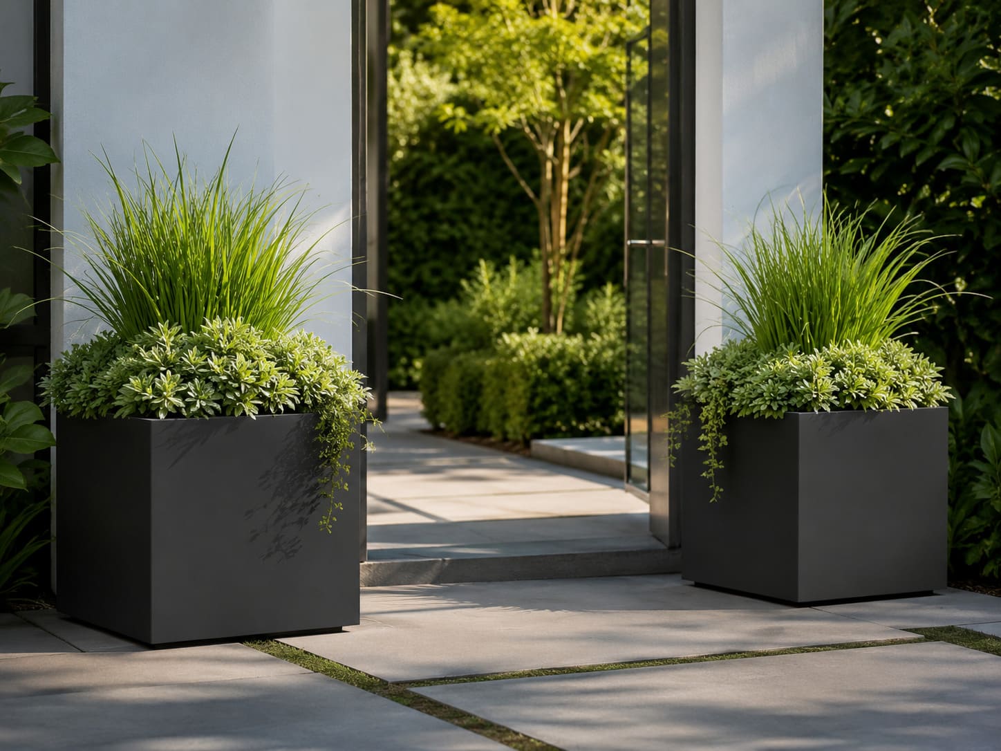 Pair of premium planters flanking a garden entrance