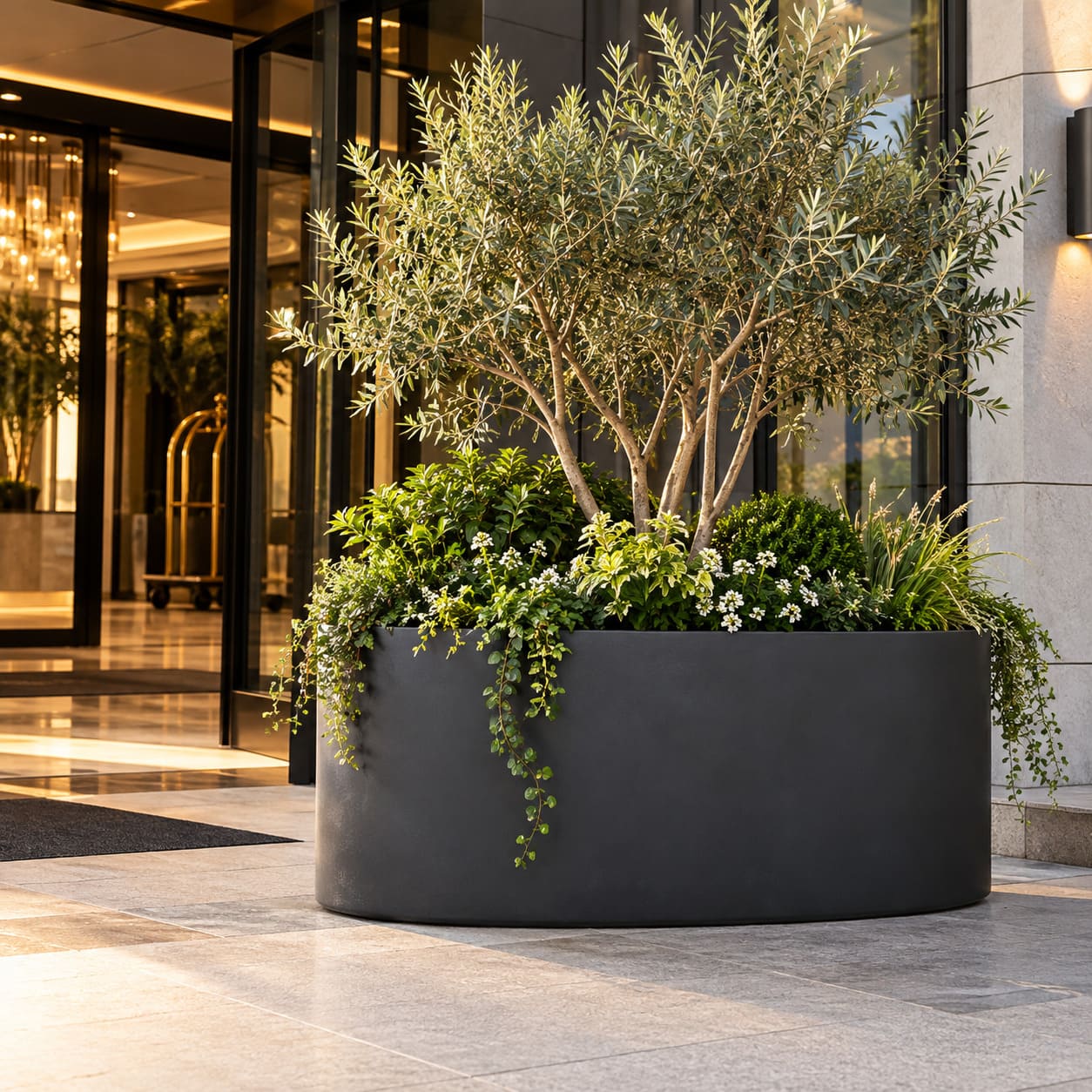 Jumbo planter at a hotel entrance