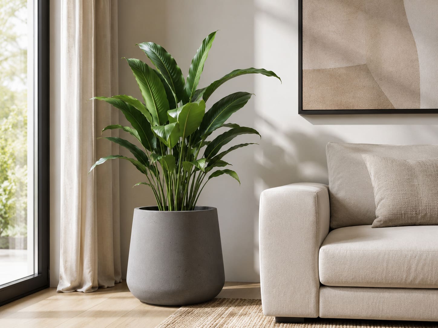 Large indoor planter beside a sofa in a bright room