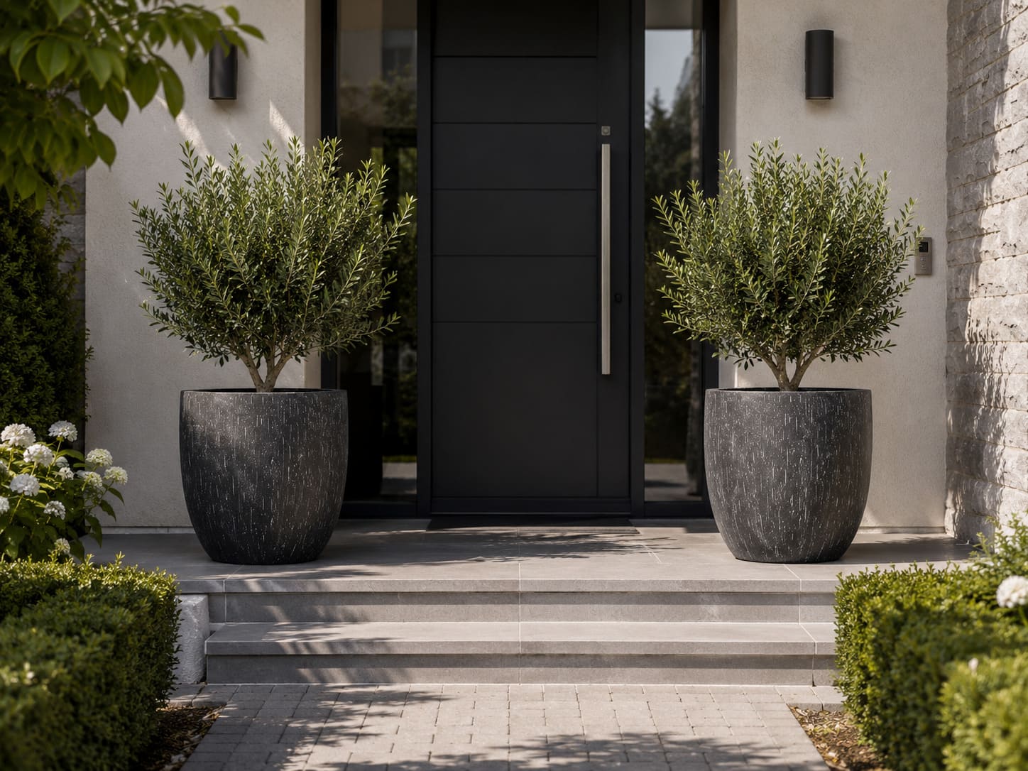 Pair of large premium planters flanking a front entrance